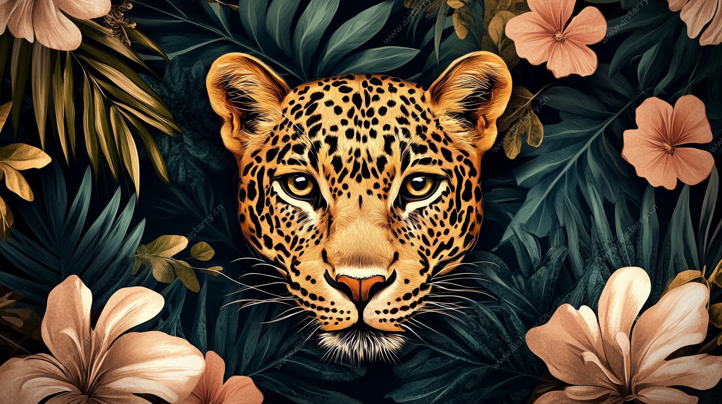 豹与花卉的奇幻插画