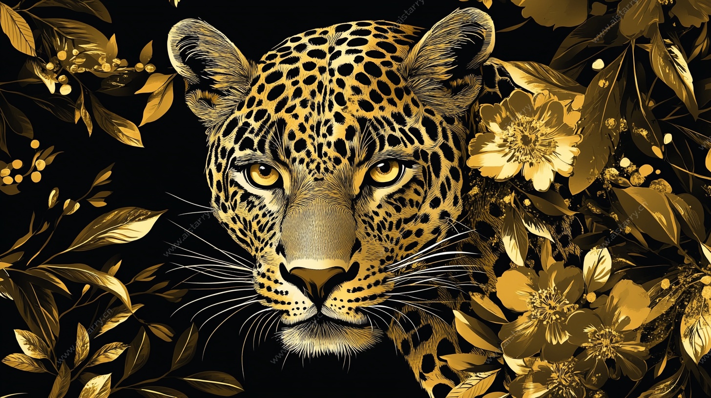 金色豹头花卉装饰图案
