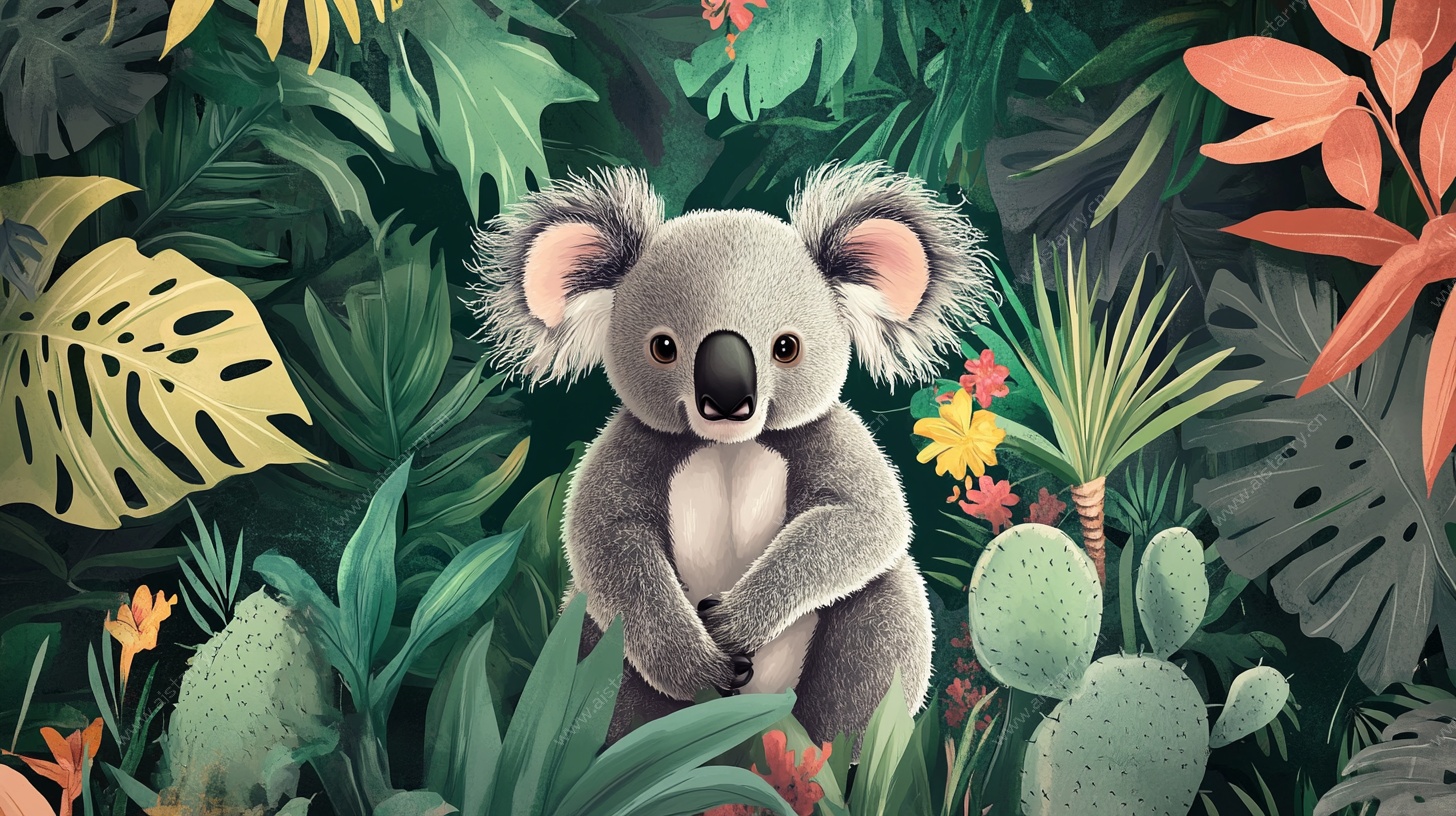 考拉置身繁茂热带植物中