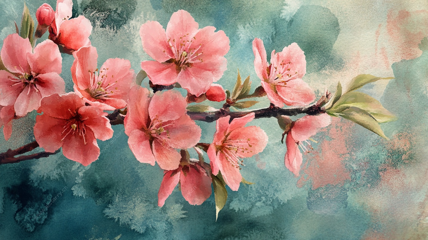 水彩绘就的粉嫩桃花枝