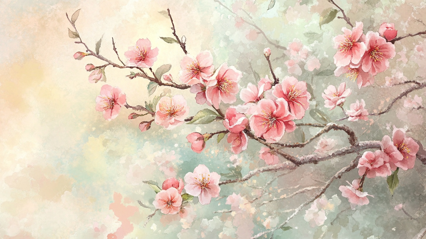 梦幻水彩风盛开的粉桃花