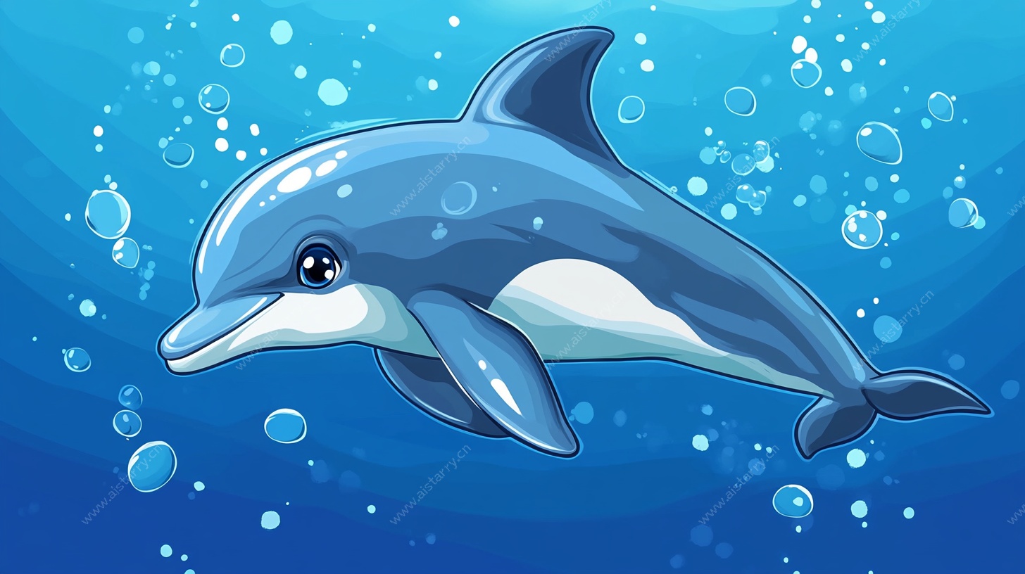 卡通海豚在蓝色海洋中游动