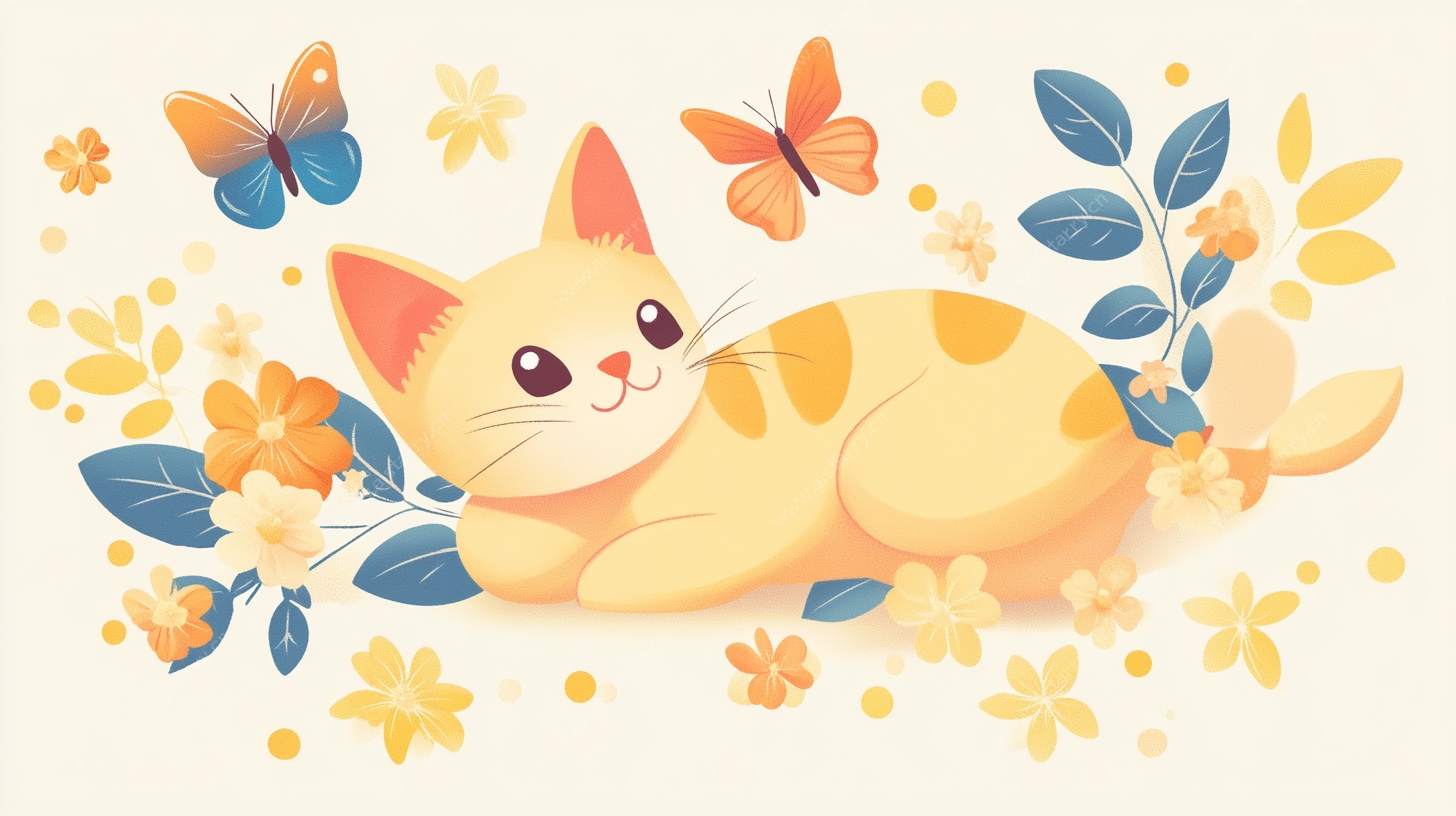 猫咪与蝴蝶的梦幻插画