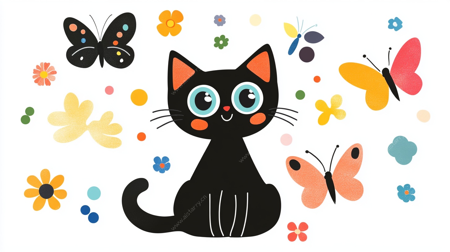 黑猫与蝴蝶的梦幻插画