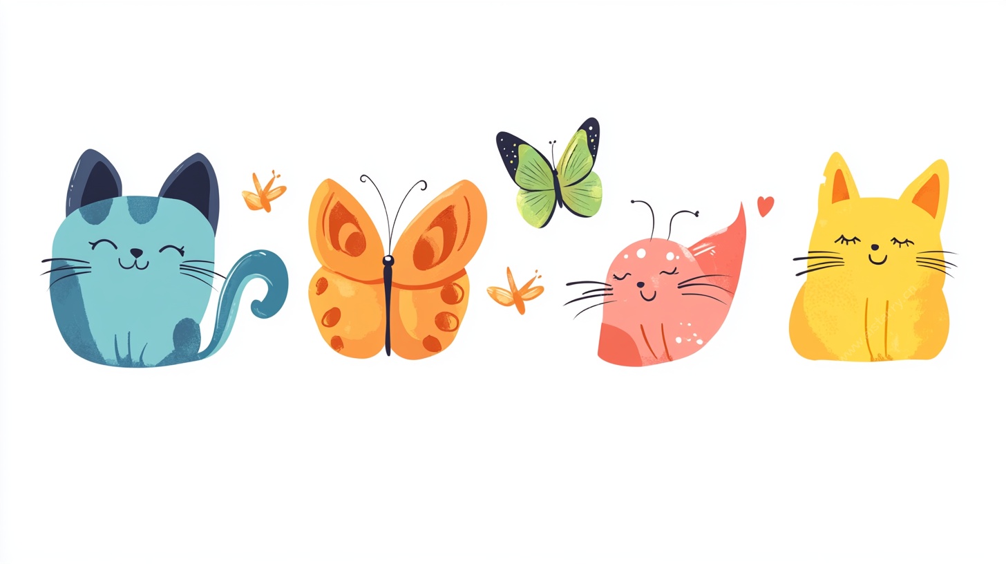 可爱猫咪与蝴蝶插画