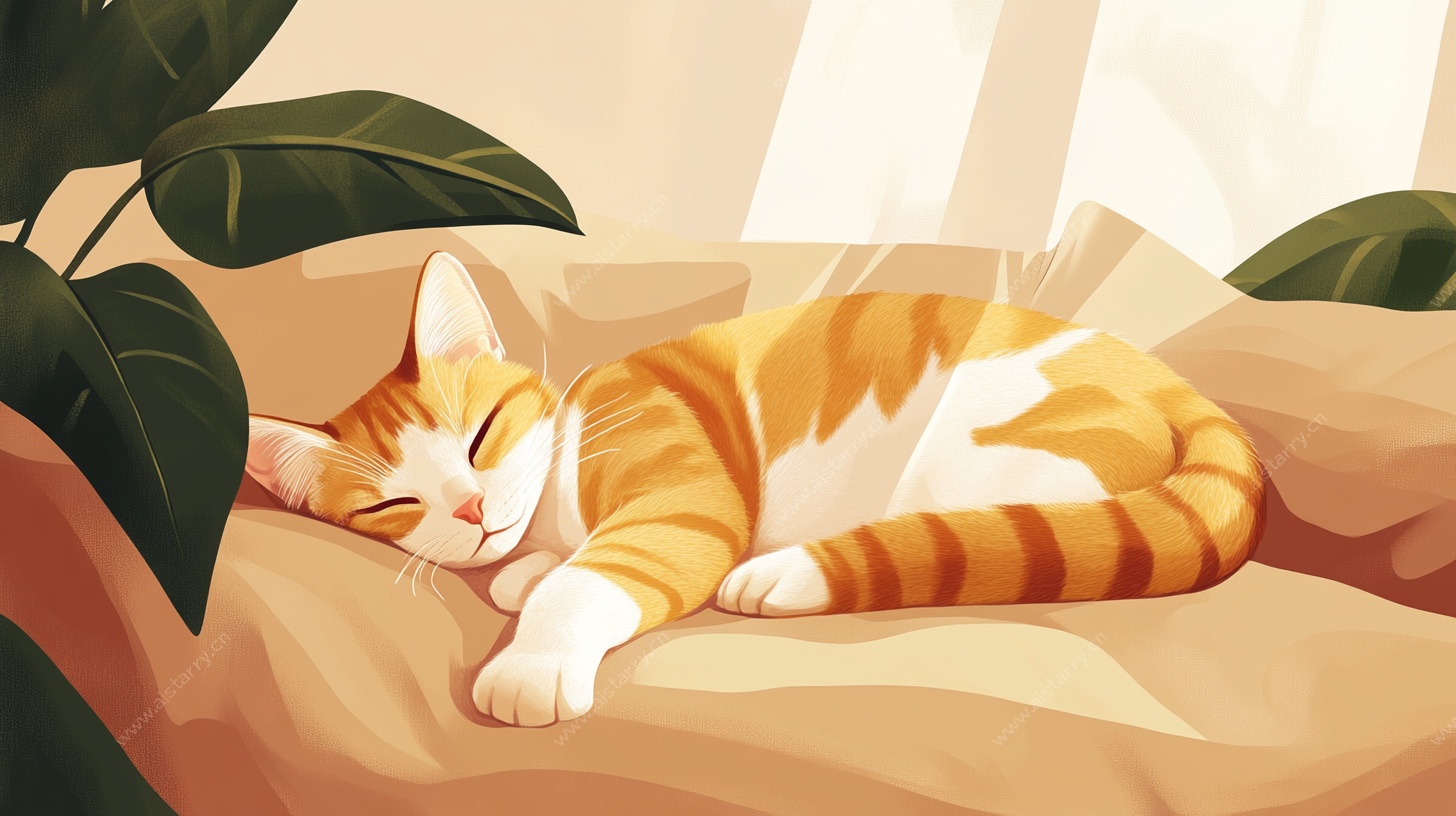 阳光下酣睡的条纹猫咪