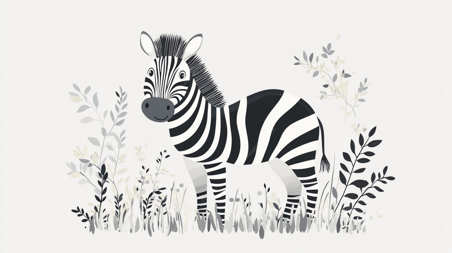 可爱斑马置身植物丛中