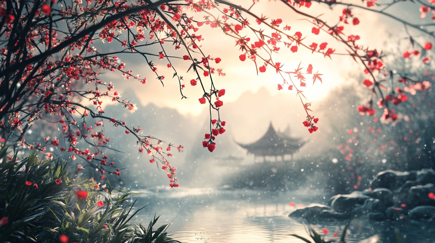 红梅映湖中式园林美景