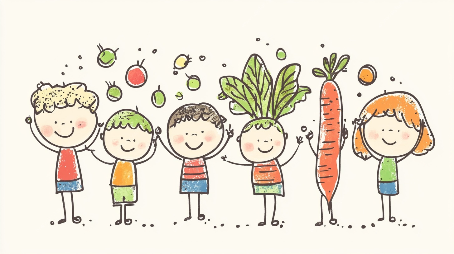孩子们与蔬菜的欢乐场景