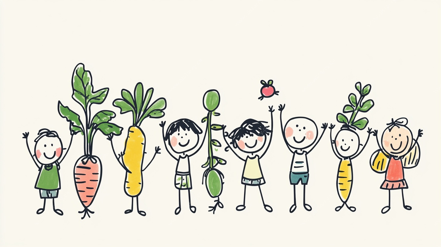 儿童与蔬菜的欢乐插画