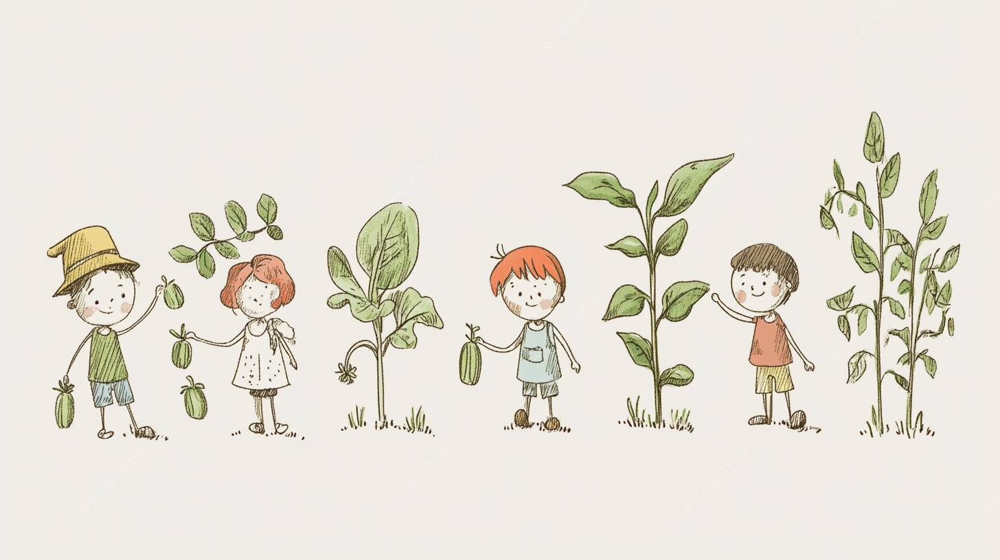 儿童与植物的趣味插画
