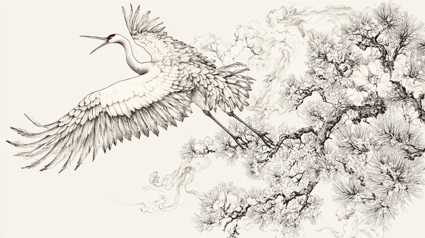 松鹤图中式水墨飞鸟