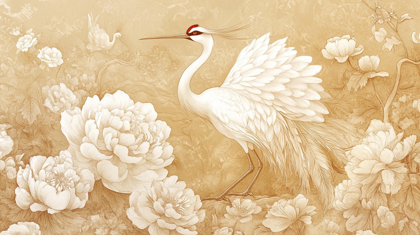 丹顶鹤伴牡丹中式插画