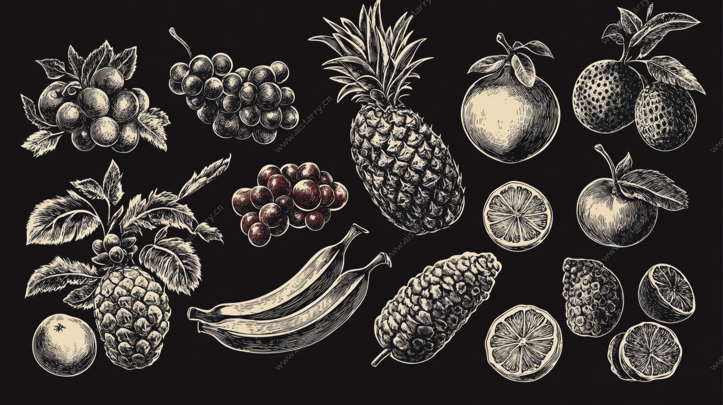 手绘复古风多样水果集合