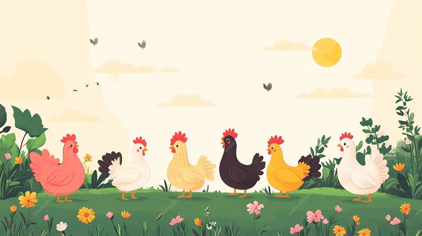 田园中的多彩鸡群
