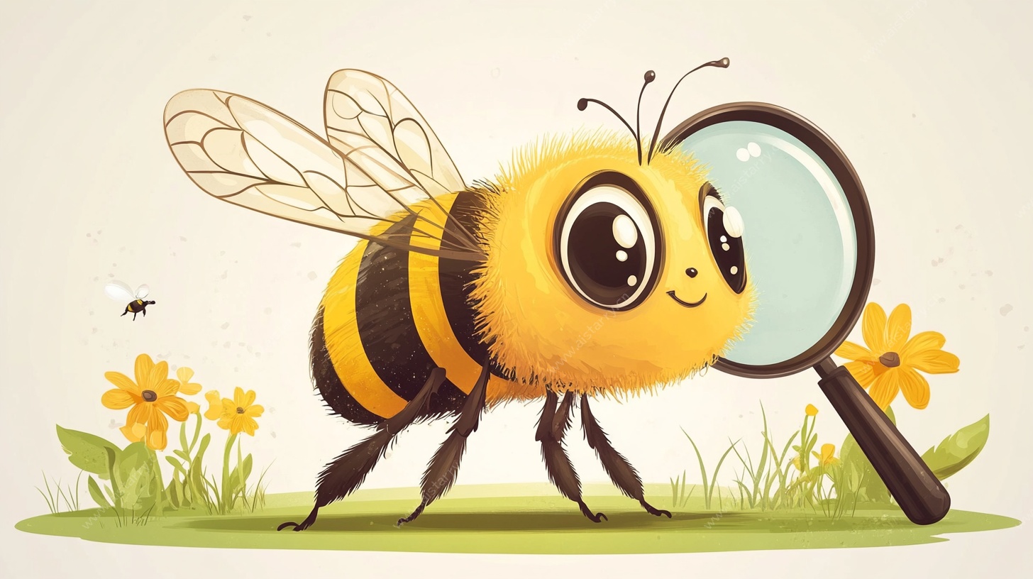 可爱蜜蜂放大镜观察花朵