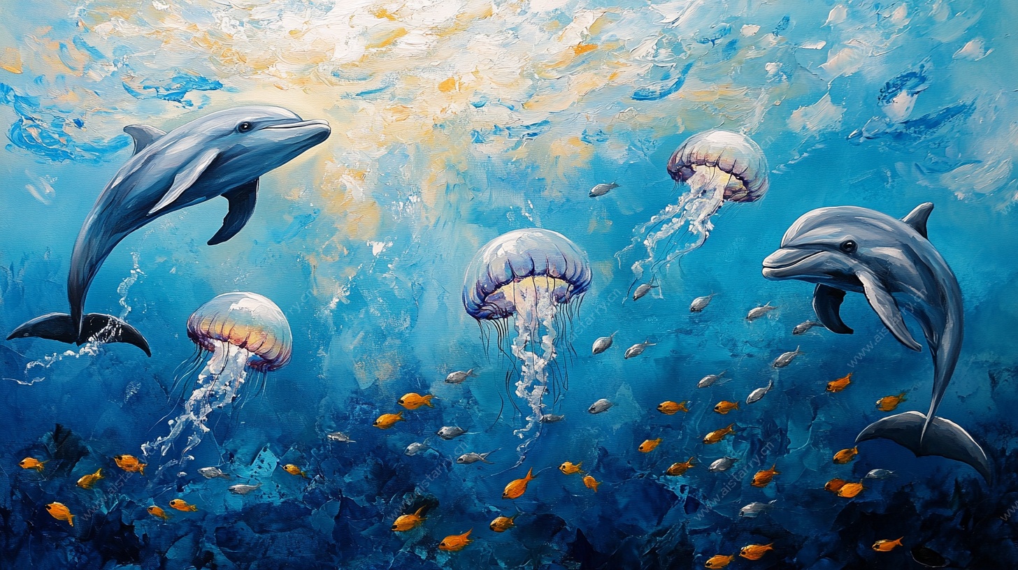 梦幻海底世界的海豚与水母
