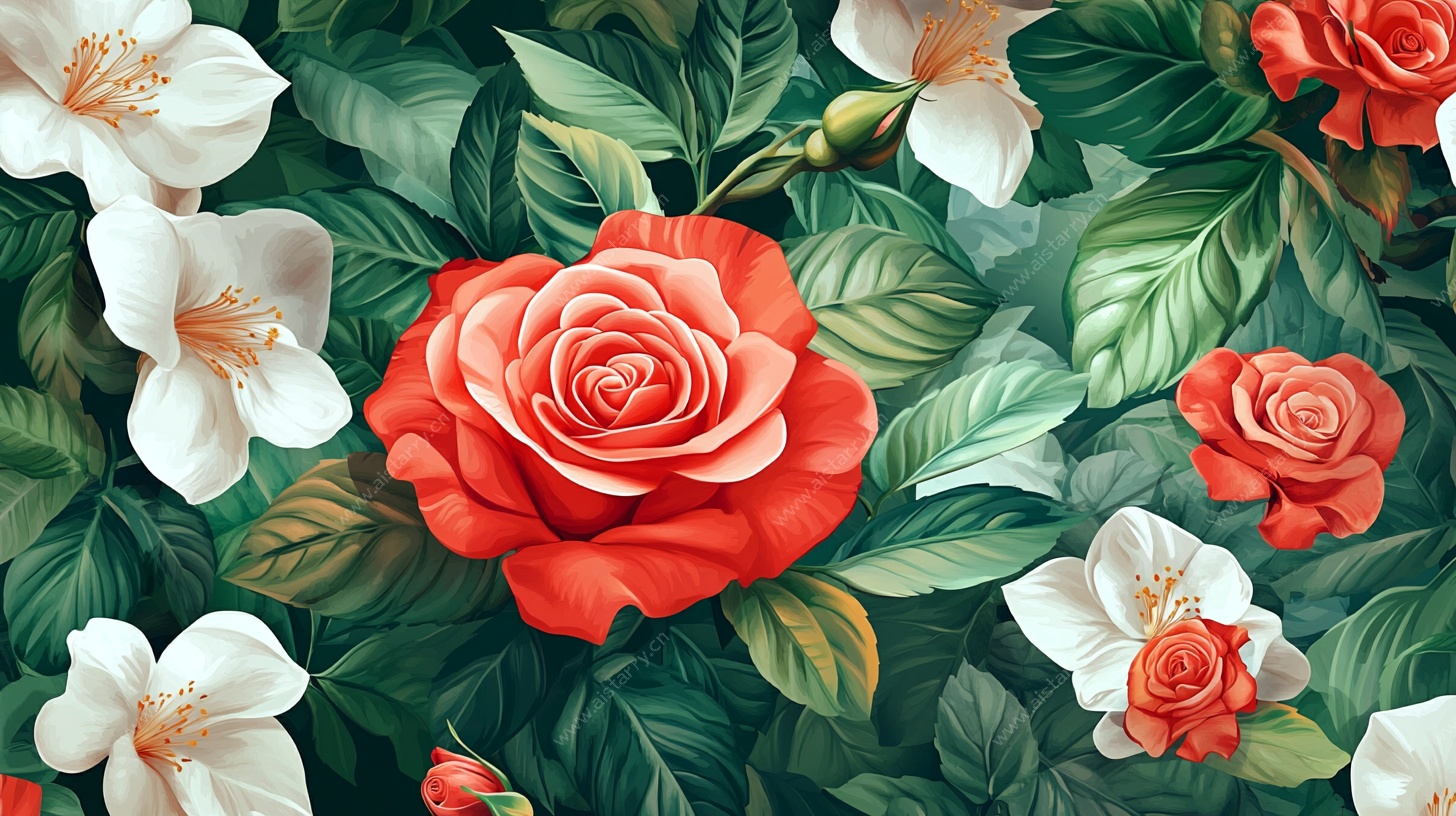 玫瑰花卉绿叶装饰图案