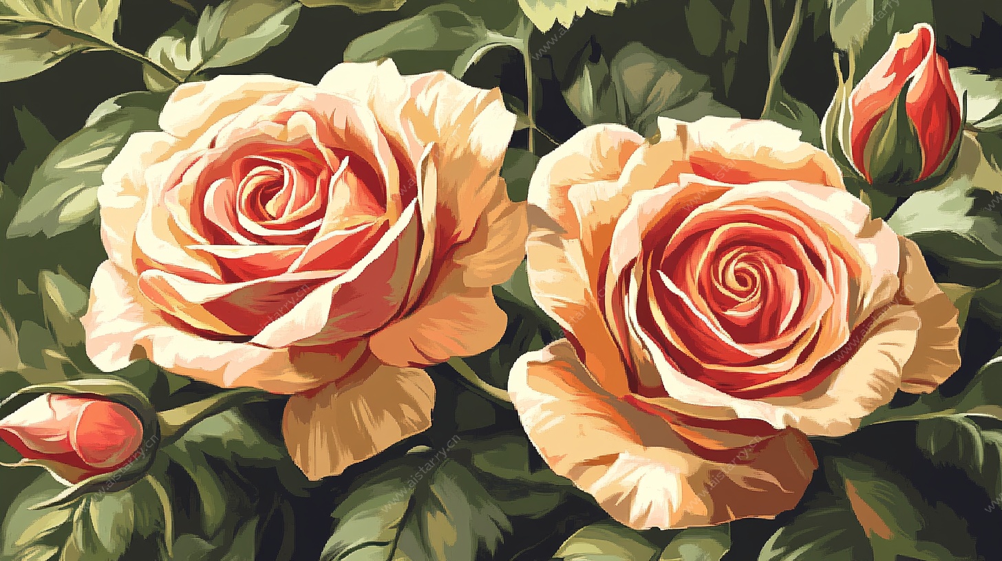 复古风双朵盛开玫瑰花