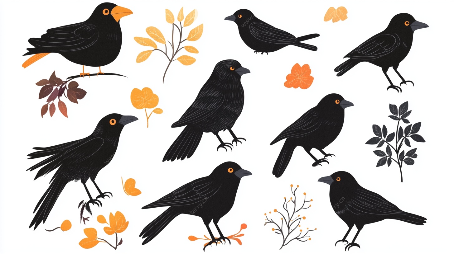 秋季群鸦与落叶插画素材
