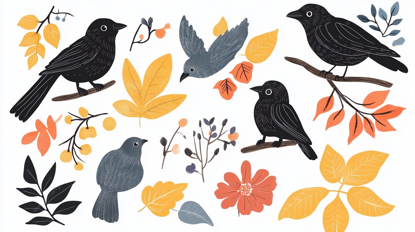 秋日花鸟插画