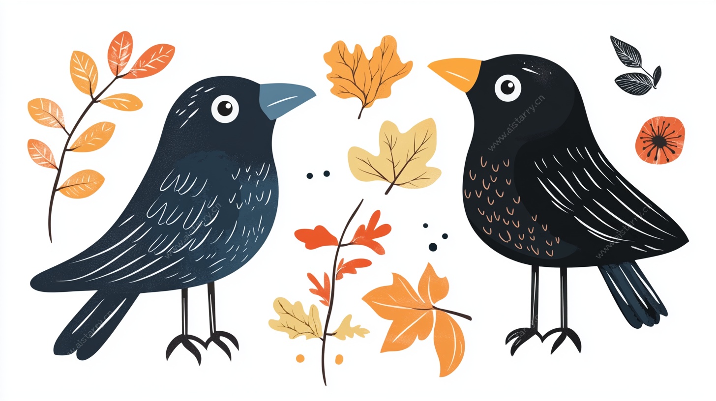 秋日双鸦与落叶插画
