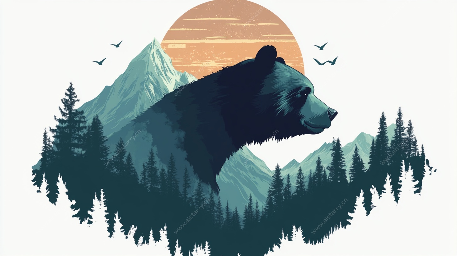 熊与山林落日剪影图