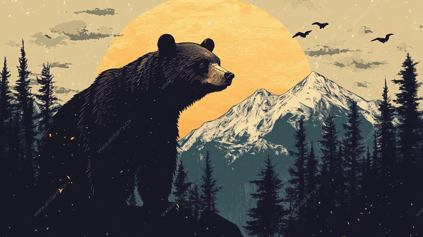 熊立山林间 夕阳映雪山