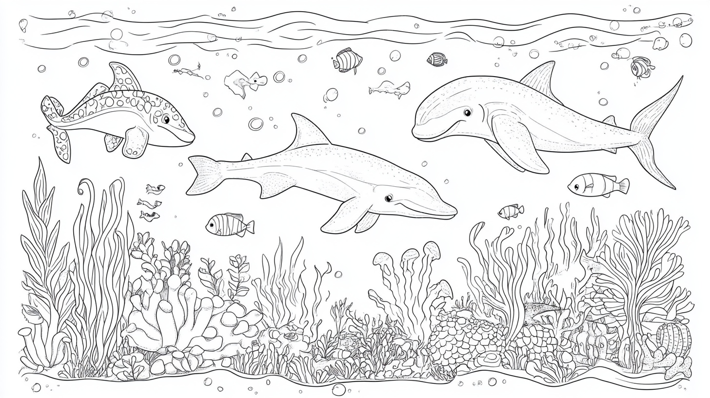 海底海豚与海洋生物线稿