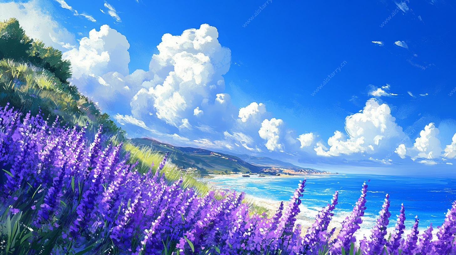 紫色花海与碧海蓝天风景