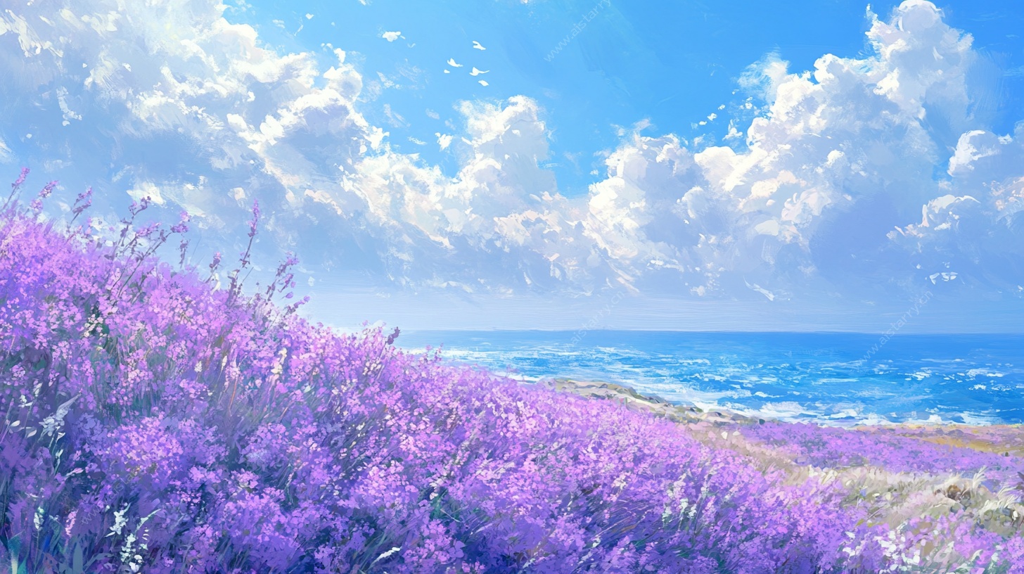 紫色花海与碧海蓝天