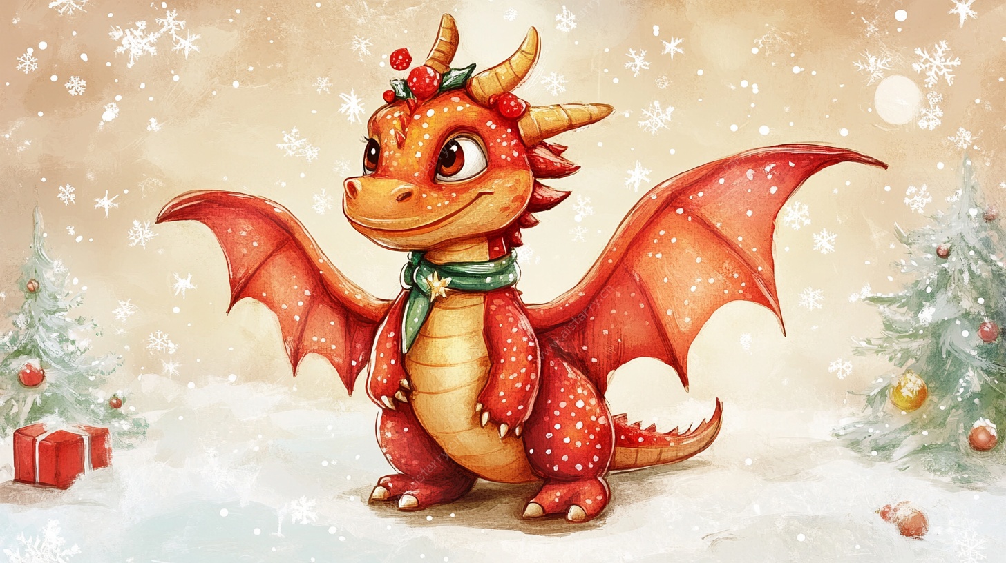 圣诞小龙在雪地中欢庆
