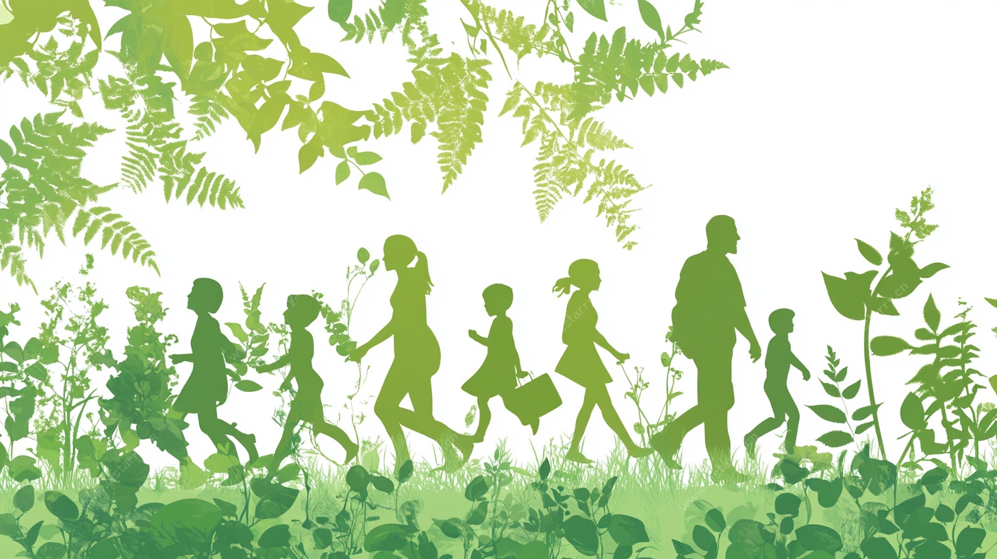 家庭在绿意中欢乐漫步