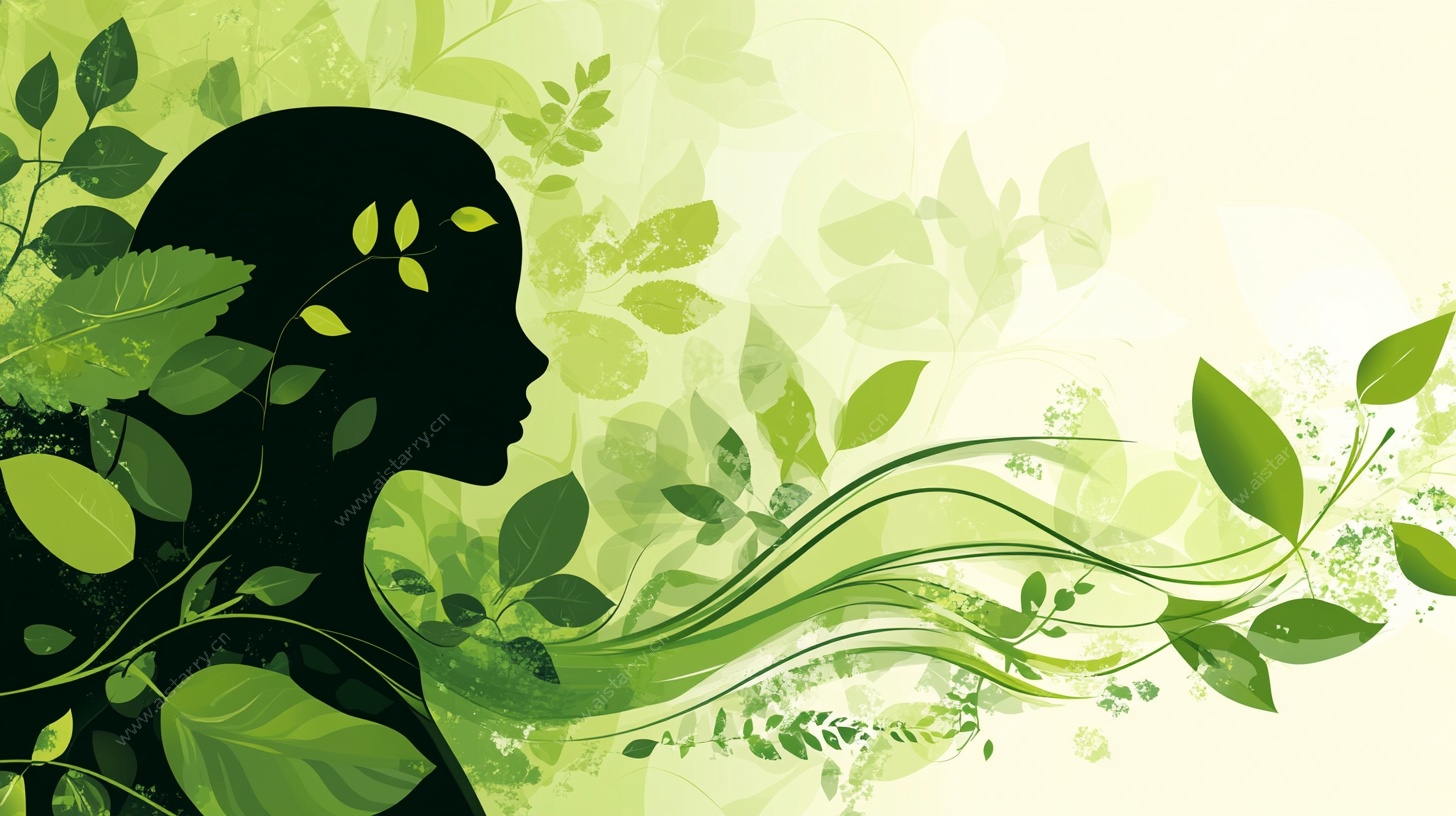 绿叶环绕的人物剪影背景图