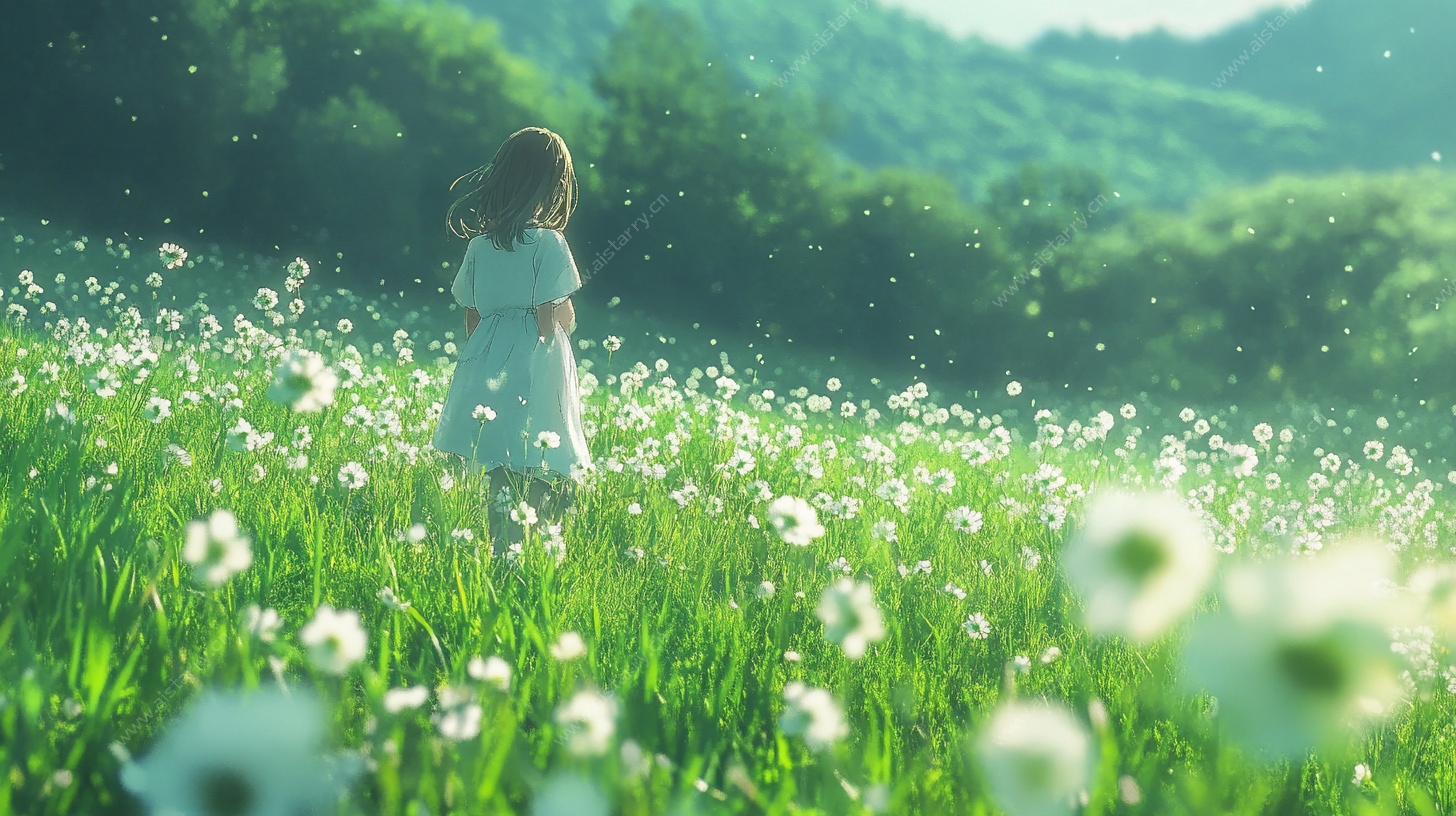少女漫步于梦幻蒲公英田