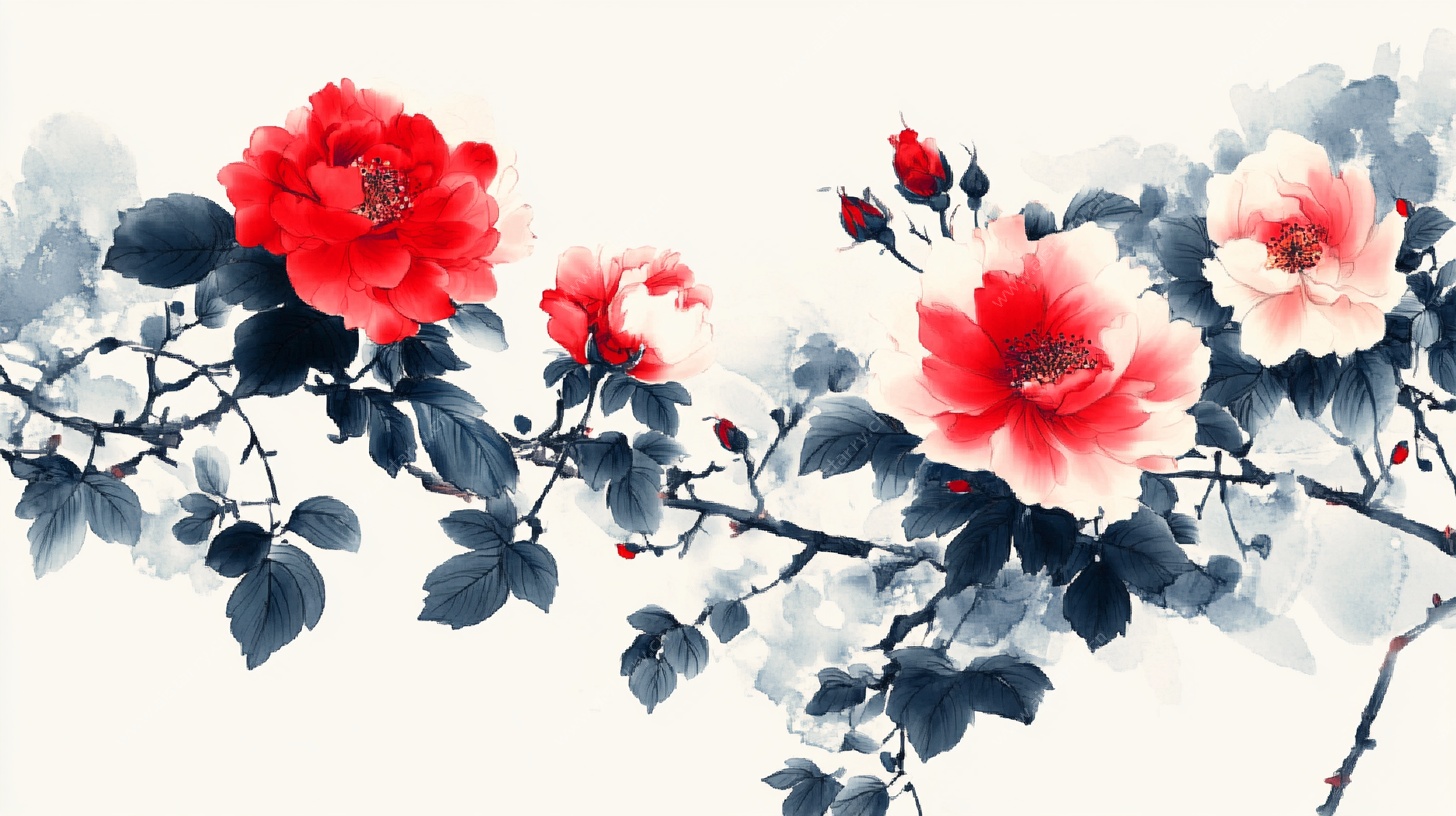 水墨风盛开的娇艳花卉