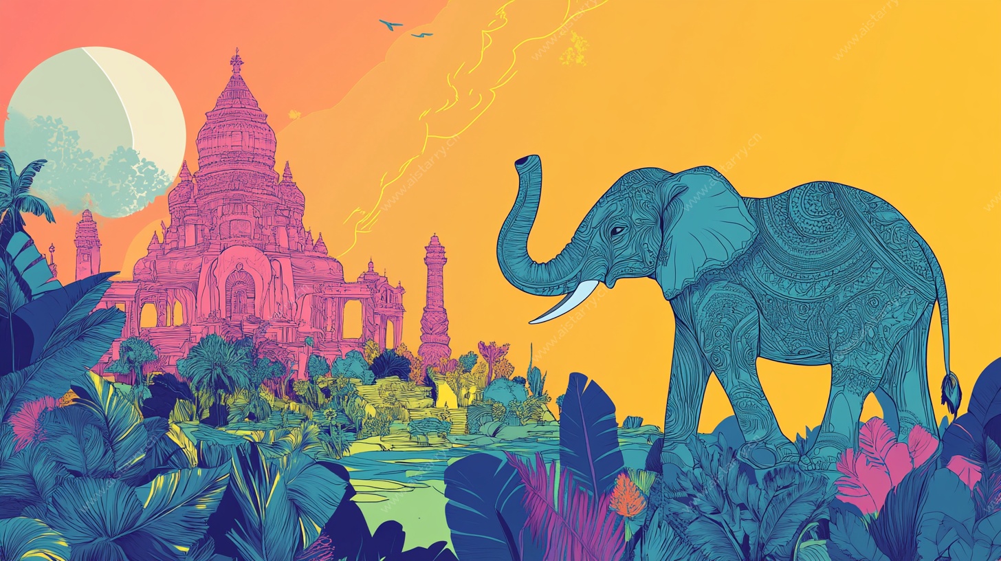 大象漫步于奇幻庙宇景观