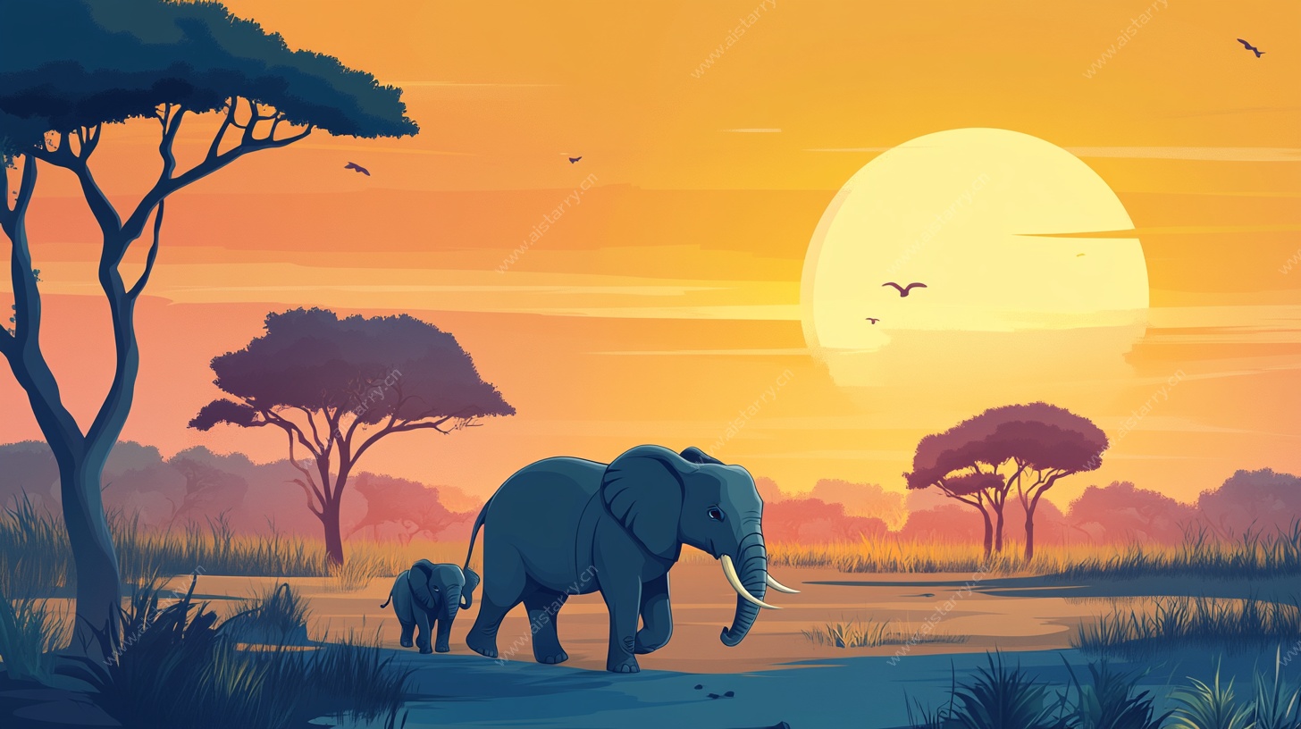 非洲草原大象夕阳美景