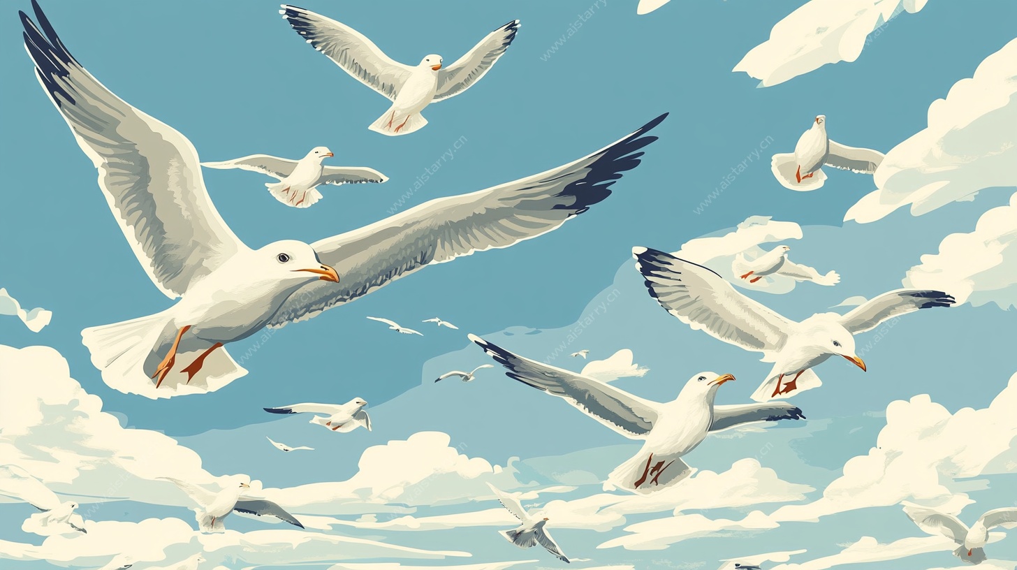 群鸥翱翔于蓝天