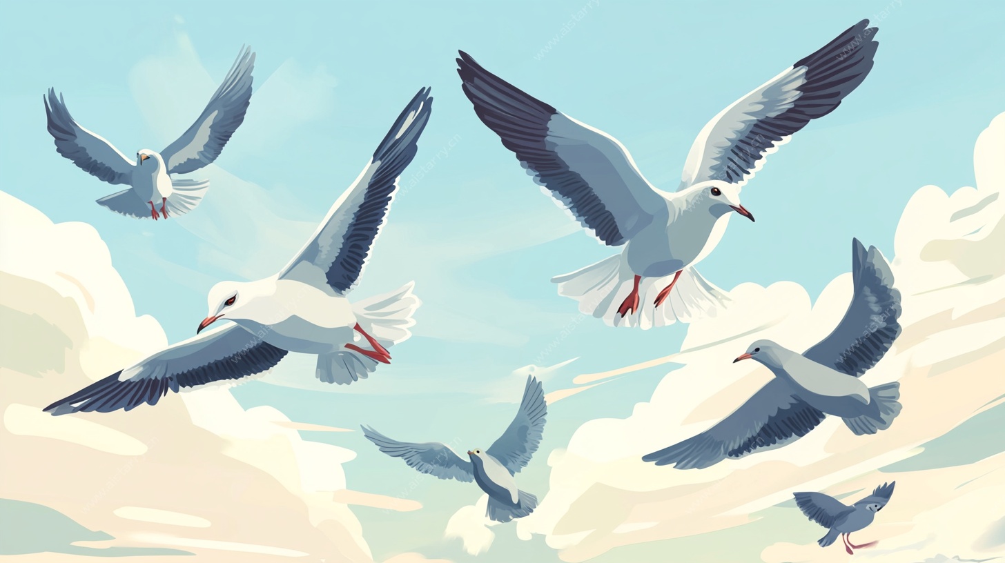 飞翔的海鸥在蓝天云朵间