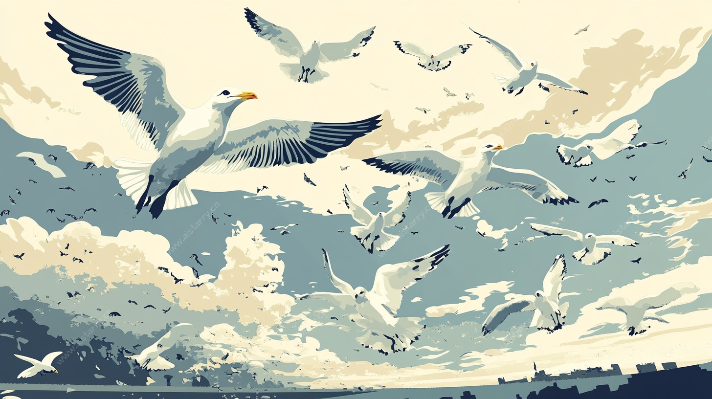 群鸥翱翔天际图