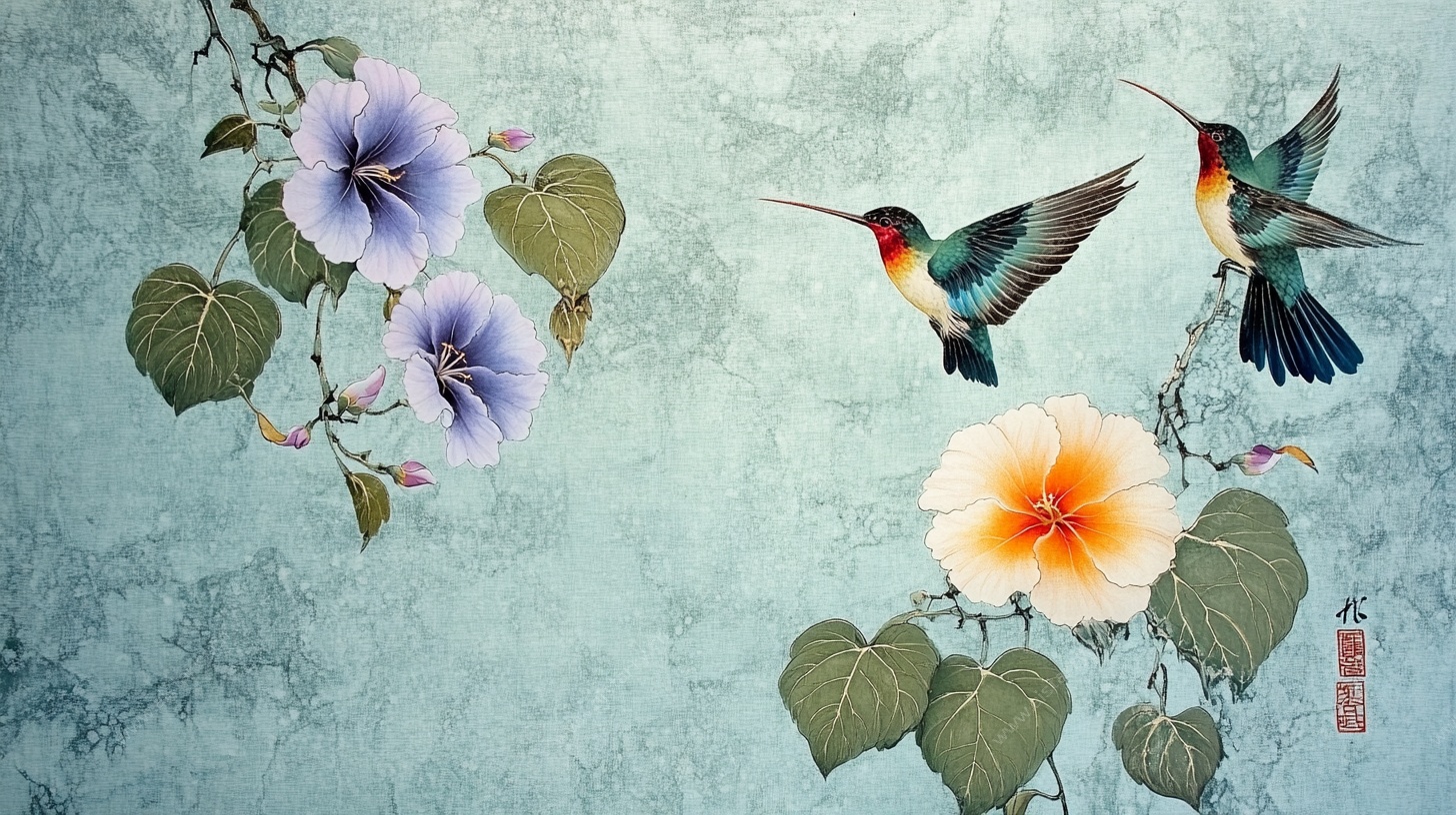 蜂鸟戏花中式风插画