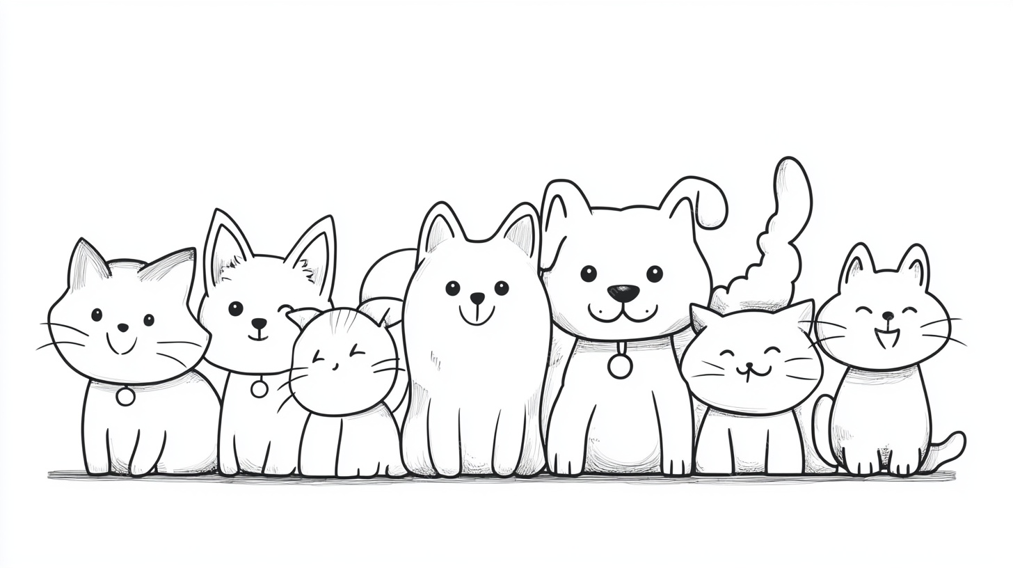 可爱猫狗排队简笔画