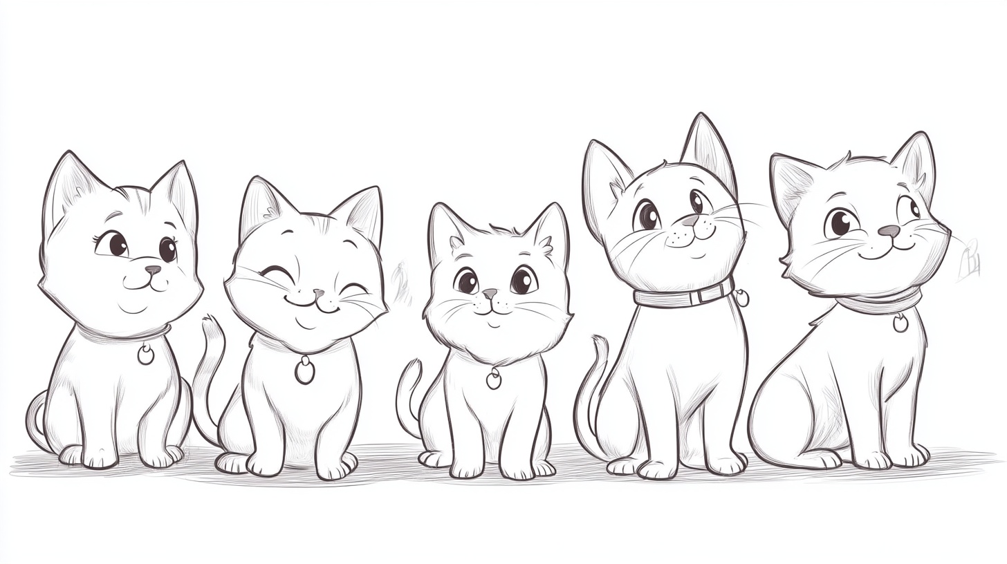 一排可爱猫咪线稿图