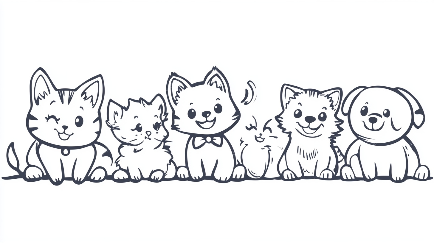 可爱猫狗排队简笔画