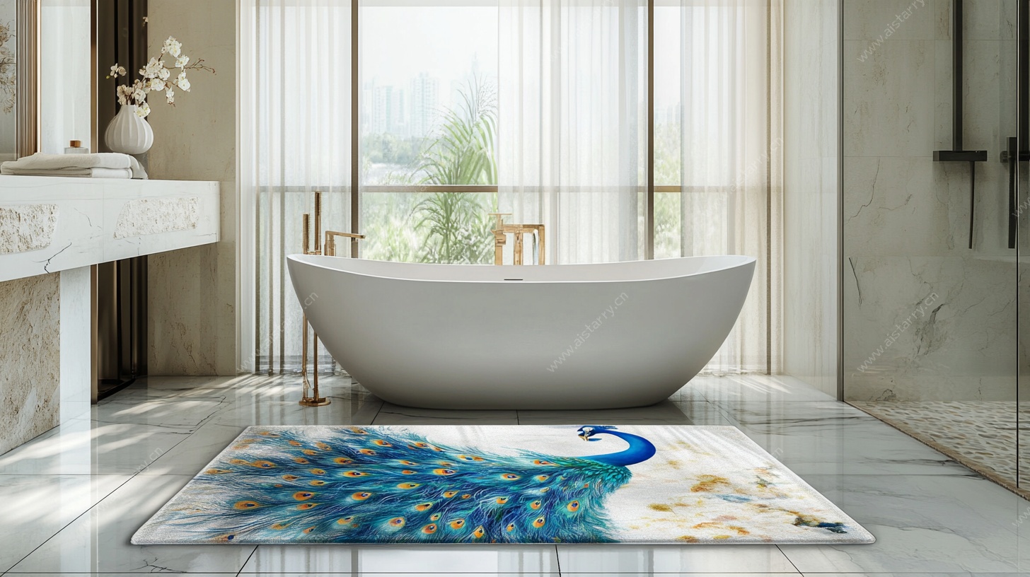 孔雀图案浴缸旁的精美地垫