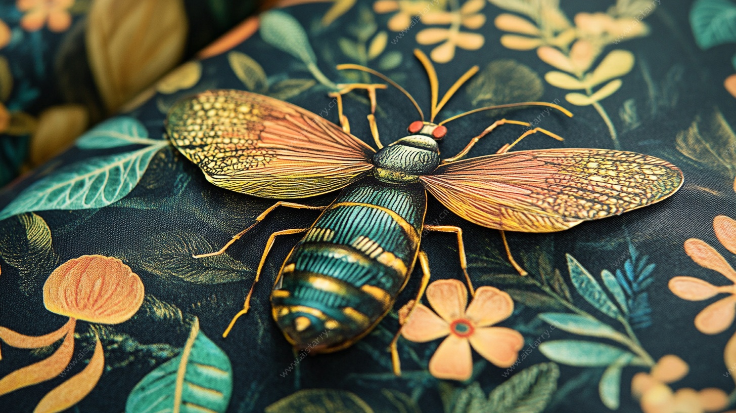 彩绘昆虫于花卉织物之上