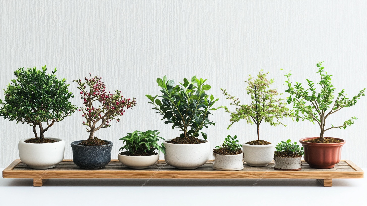 多样盆栽整齐排列展示