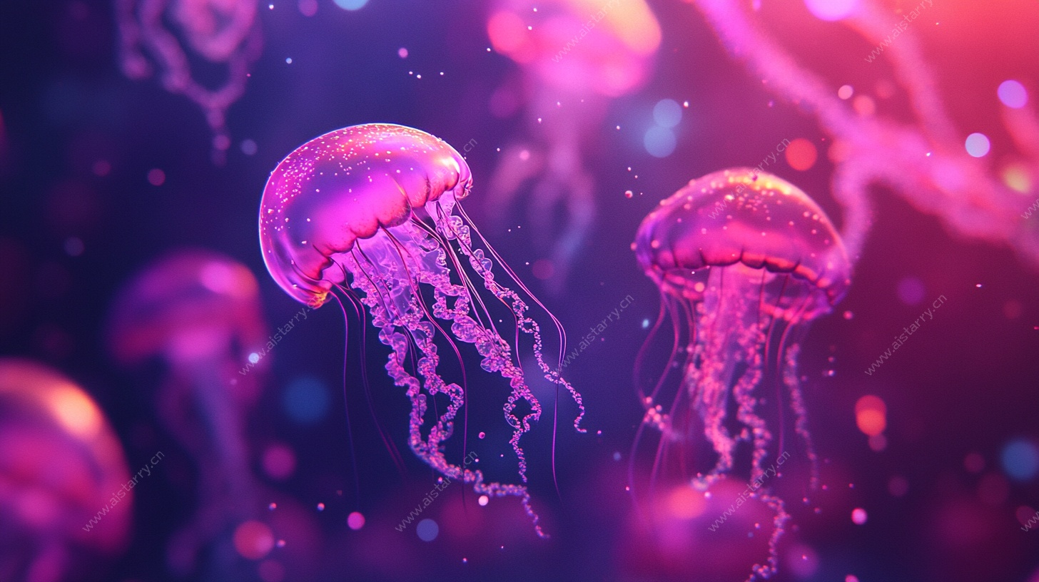 梦幻水母在绚丽深海中游动