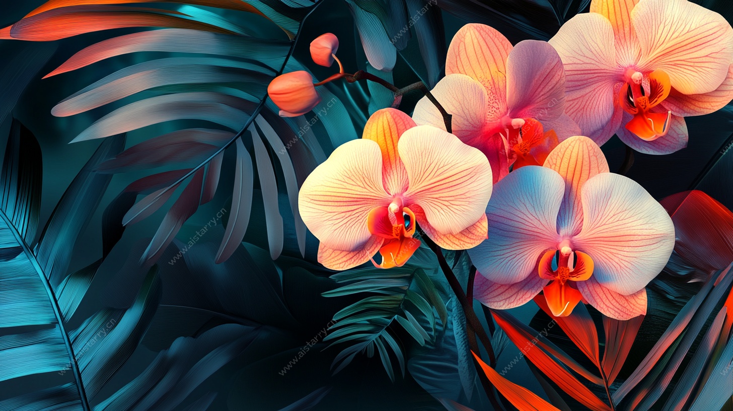 梦幻兰花与热带叶片插画